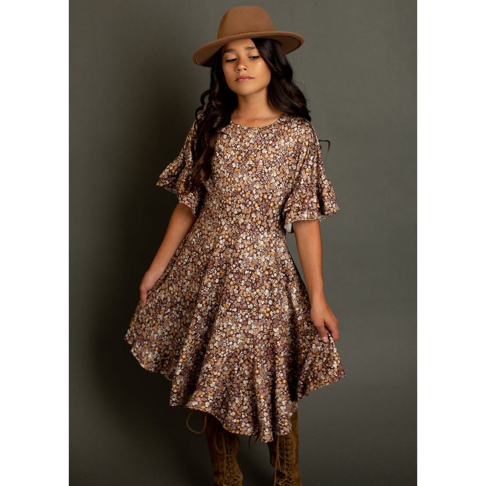 Joyfolie Mia Joy Girl’s Emilia Dress in Brown Floral Size 7 - Picture 2 of 5